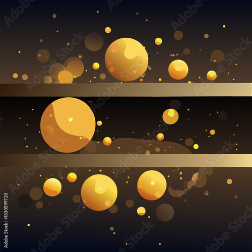Abstract composition featuring glowing golden spheres on dark shelves