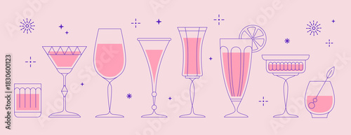 Set of line art retro cocktails or champagne glasses. Holiday cocktail party. Vector illustration