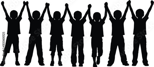 Silhouette of happy children standing together with raised arms, celebrating teamwork, unity, friendship, joy, youth activities, community support, and playful energy.