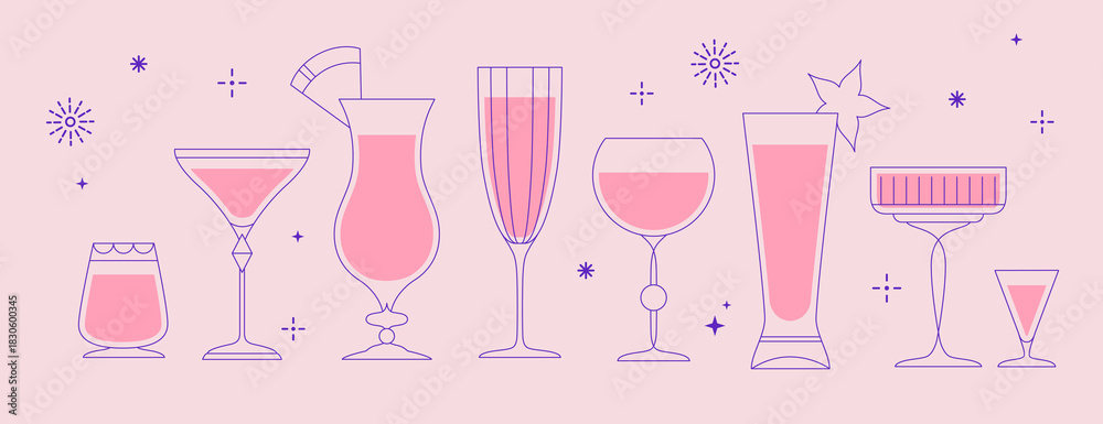 Naklejka premium Set of line art retro cocktails or champagne glasses. Holiday cocktail party. Vector illustration