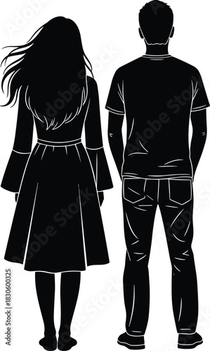 Silhouette of man and woman standing together from behind, casual couple pose illustrating relationship, unity, companionship, fashion style, and modern lifestyle.