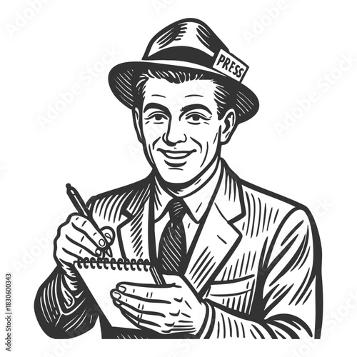 smiling male journalist wearing a press hat and suit, writing in a notepad with a pen sketch engraving generative ai fictional character vector illustration. Scratch board imitation. Black and white.