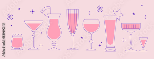 Set of line art retro cocktails or champagne glasses. Holiday cocktail party. Vector illustration