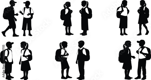 Silhouette schoolchildren interacting in various poses, boys and girls wearing backpacks, communication, friendship, education, student teamwork, social interaction illustration