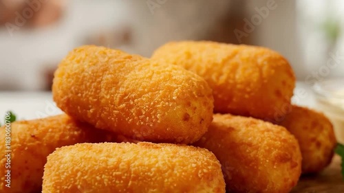 Croquetas caseras crujientes con mayonesa en tabla de madera