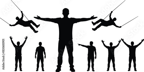 Silhouettes of men in various dynamic poses including swinging, standing, pointing, and raising arms, symbolizing freedom, expression, movement, activity, and creativity