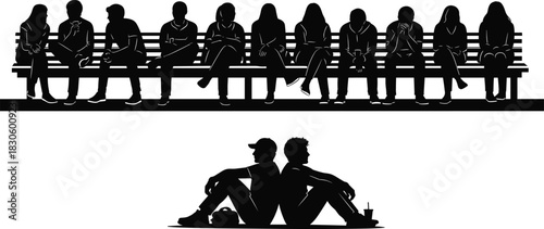 Silhouettes of people sitting on benches in urban setting, young individuals relaxing, socializing, waiting, and resting in public outdoor environment.