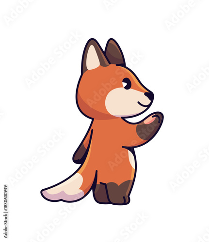 Cute little fox stands in profile, waving hand. Happy baby wild animal is greeting side view. Funny ginger character of forest with fluffy tail. Flat isolated vector illustration on white background