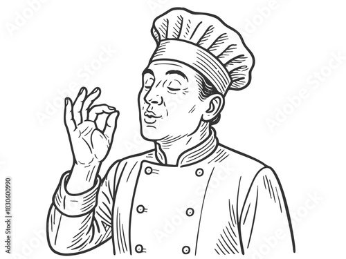 Bellissimo gesture chef making the delicious hand gesture, cooking and food themes sketch engraving generative ai fictional character vector illustration. Scratch board imitation. Black and white.