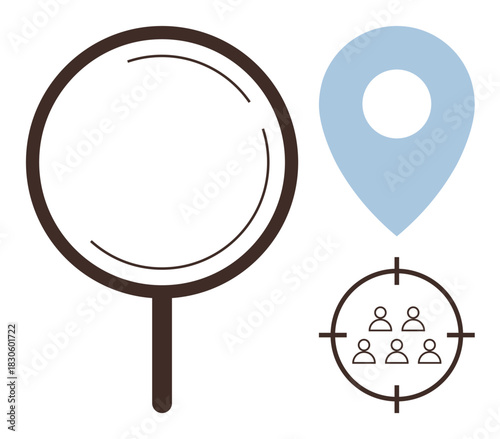 Magnifying glass, location pin, and people in crosshairs emphasize exploration, targeting, and precision. Ideal for search, analysis, navigation, recruitment business strategy market research