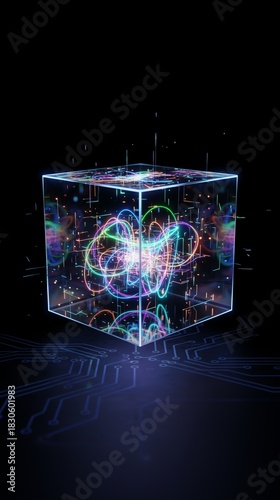 Quantum Computing and AI concept, background. A glowing transparent cube containing a complex visualization of a neural network or data processing on a digital circuit board.