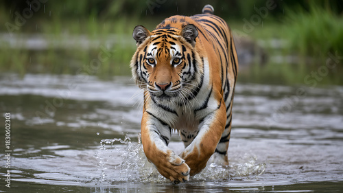Tiger walking in water during rain
