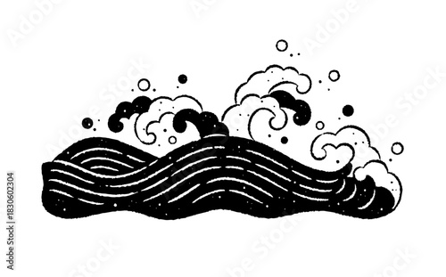 躍動感ある波を描いたモノクロ線画イラスト（和風スタイル）