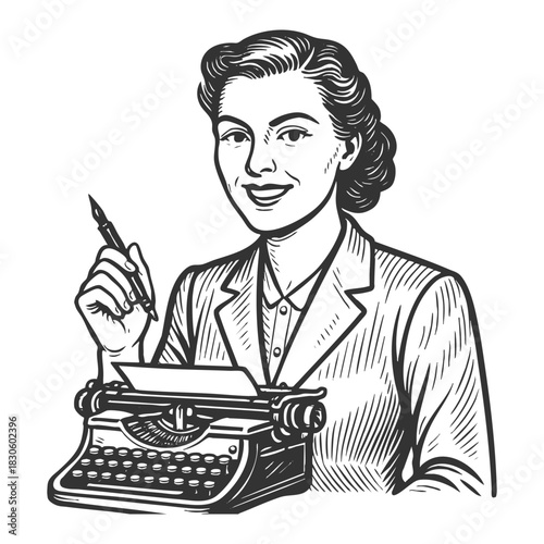 Woman sitting at a desk with a typewriter, perfect for writing, journalism, or history themes sketch engraving generative ai fictional character vector illustration. Scratch board. Black and white.