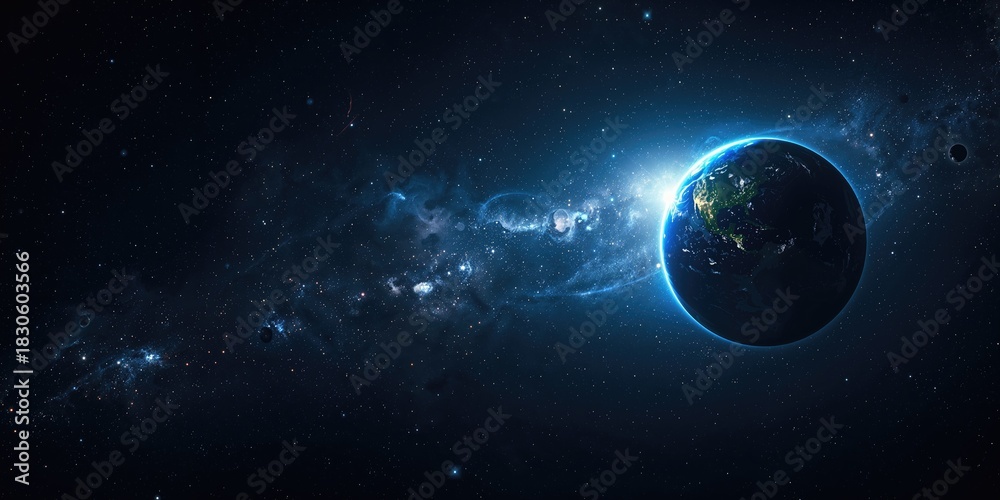 Fototapeta premium 2d space scene with bright stars planets and moons as a science fiction backdrop, emphasizing cosmic exploration