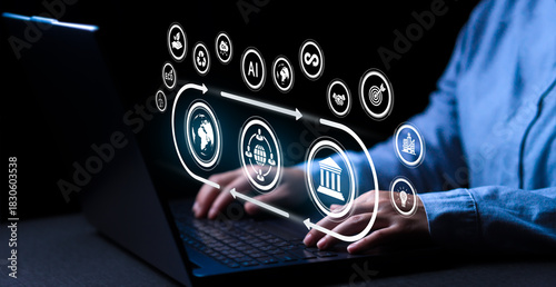 Fotografía Graphic design business about esg and icons, ready to be environmentally friendly along with AI to help make work more convenient and faster in the future