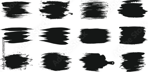 Black brush stroke silhouette collection, artistic texture set, abstract design elements, paint style icons, creative illustration, graphic tools