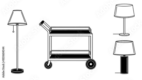 Minimalist interior design icon collection of lamps and a bar cart on wheels
