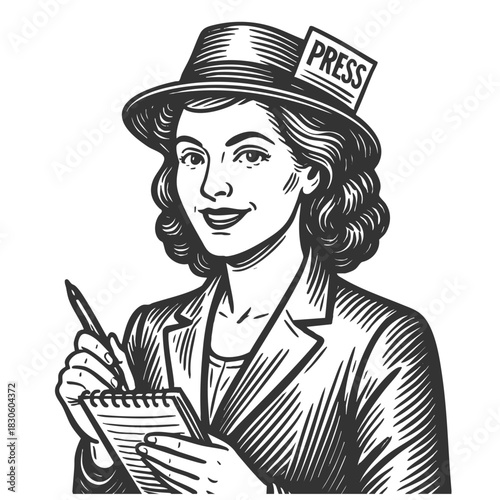 woman reporter with a press badge taking notes, ideal for news, media, or storytelling themes sketch engraving generative ai fictional character vector illustration. Scratch board. Black and white.