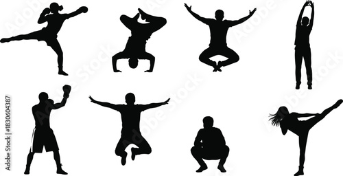 Athletic exercise silhouette icon set, black vector poses, martial arts yoga boxing stretching squatting fitness illustration design