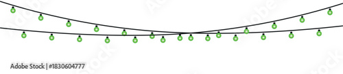 Two strands of green christmas lights hanging against a white background in a celebratory mood , glowing holiday lights garland bulbs, twinkling fairy lights glow