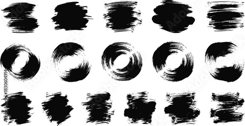 Brushstroke silhouette icon set, black vector paint textures, abstract grunge design, circular stroke elements, artistic illustration pack
