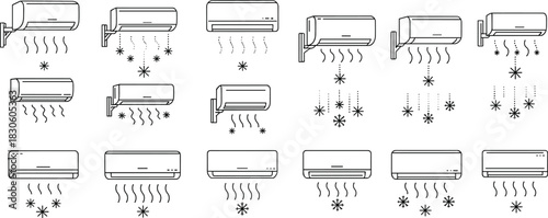 Air conditioner icon set, black vector symbols, cooling heating mixed modes, snowflake heat wave arrows, HVAC system design illustration