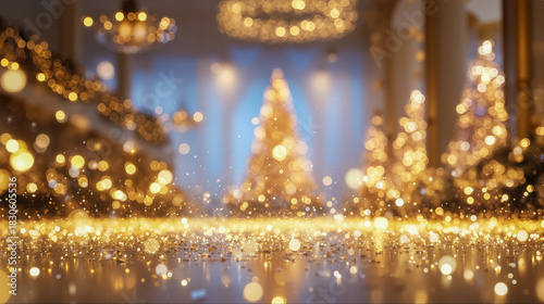 黄金色に輝くクリスマスツリーとシャンデリアのボケが美しい幻想的なイルミネーション背景