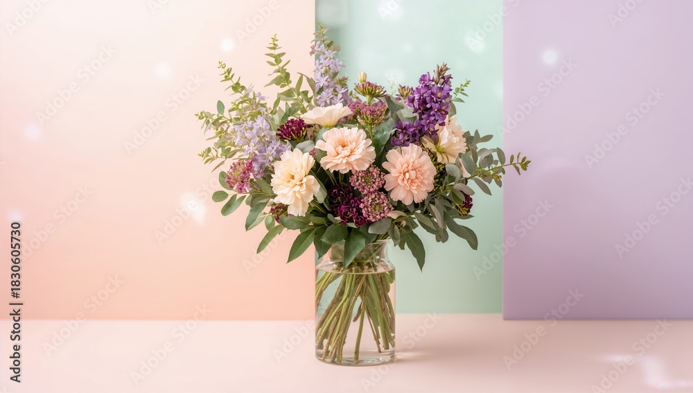 Naklejka premium Vase with assorted flowers on a vibrant background, highlighting floral arrangement for spring or summer displays