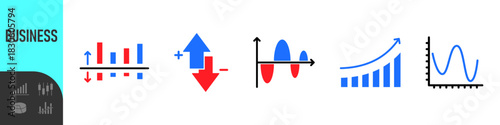 Business data charts. Diagrams and graphs. Business data market elements, statistic and data, infographics business, money, down or up, analytic report. Set of financial marketing colorful diagrams