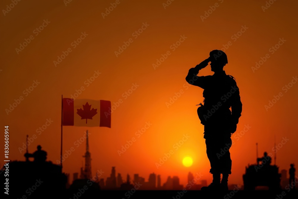 Obraz premium A soldier salutes the flag of Canada