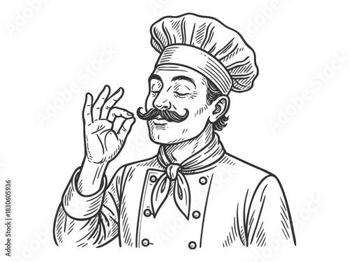 Bellissimo gesture chef making the delicious hand gesture, cooking and food themes sketch engraving generative ai fictional character vector illustration. Scratch board imitation. Black and white.