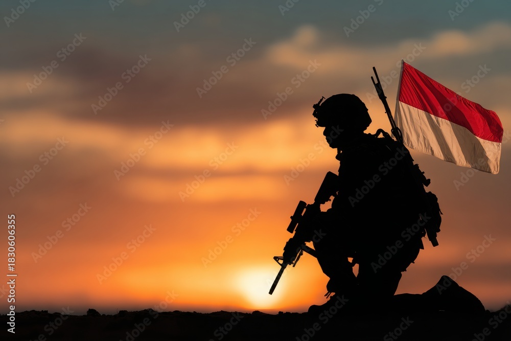 Obraz premium A soldier is standing on a hill with a flag in his hand