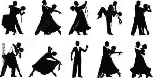 Ballroom dance silhouette set, black and white couple poses, elegant movement, formal attire, romantic gesture, graceful choreography design