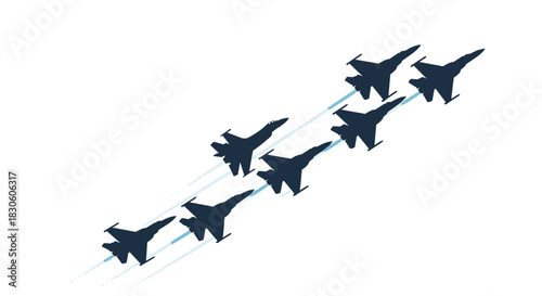 An illustration of seven military fighter jets in a tight diagonal formation flying upwards and leaving smoke trails.