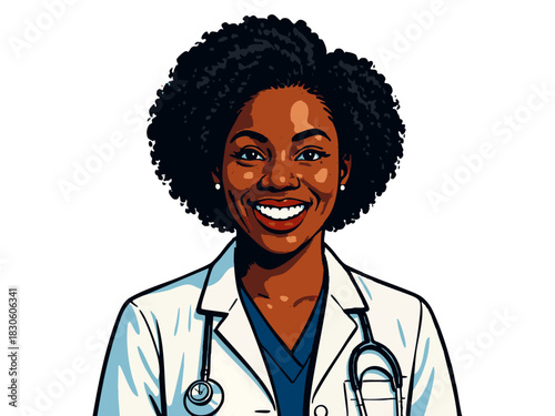 cheerful female doctor in lab coat with stethoscope, ideal for healthcare, medical, or wellness topics. Generative ai vector colorful pop art illustration.