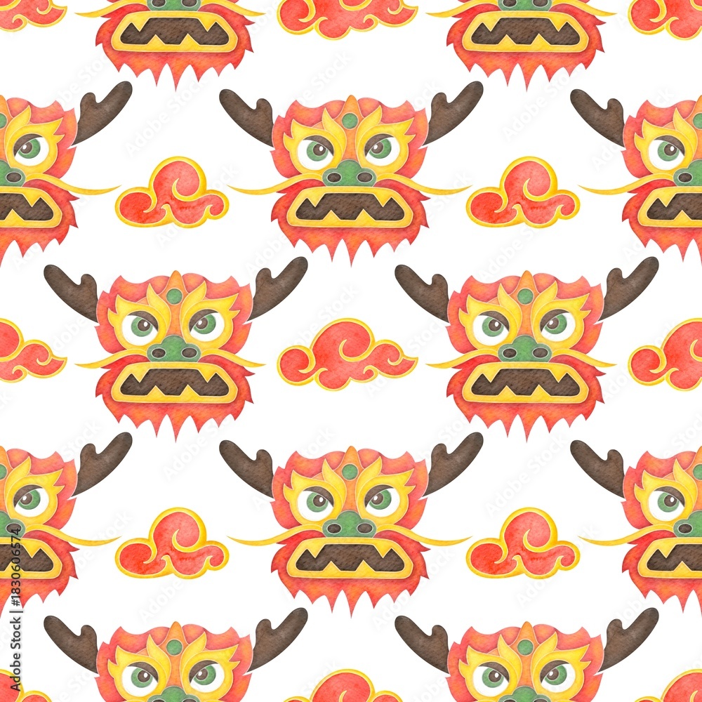 Fototapeta premium cute Chinese dragon seamless pattern. Spring Festival, Lunar New Year. watercolor holiday print for packaging paper, fabrics, wrapping gifts, scrapbooking wallpaper, textile