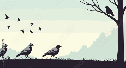 A tranquil nature landscape with birds walking in a line another perched on a bare tree and a flock flying in the distance.
