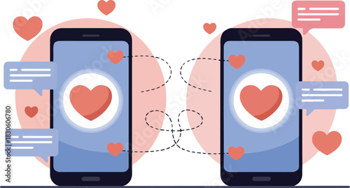 Online dating with love chat on smartphone, connection between mobile phones, social media, digital age relationship technology
