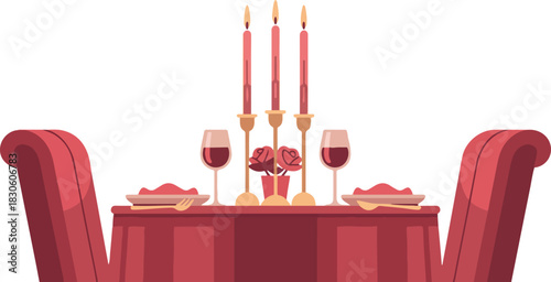 Romantic dinner setting with wine and candlelight, create intimate atmosphere for dating, anniversary, or special occasion in restaurant