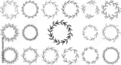 Botanical wreath icon set, black and white circular designs, leaf and branch elements, decorative frame, seasonal ornament, graphic style