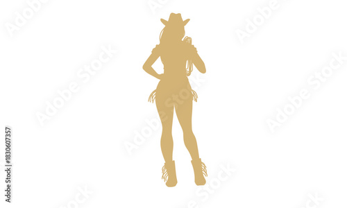 Silhouette of a cowgirl in a hat and boots, embodying a western aesthetic, with a hint of playful charm and a stylish, confident pose
