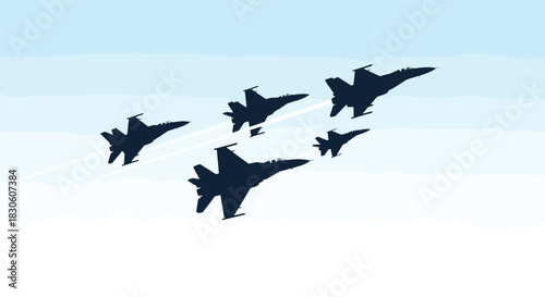 The dark silhouettes of five military fighter jets performing an aerial maneuver in formation against a light blue sky.