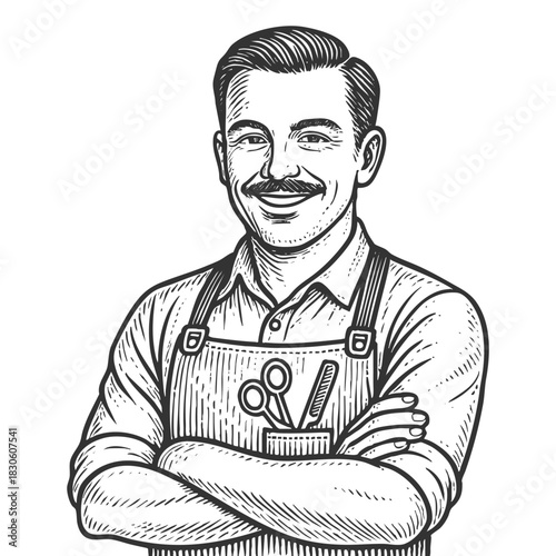smiling male barber with a mustache, arms crossed, wearing an apron with grooming tools sketch engraving generative ai fictional character vector illustration. Scratch board. Black and white image.