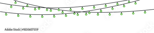 A string of green christmas lights hanging on black wires against a white background illustration , glowing holiday lights garland bulbs, twinkling fairy lights glow