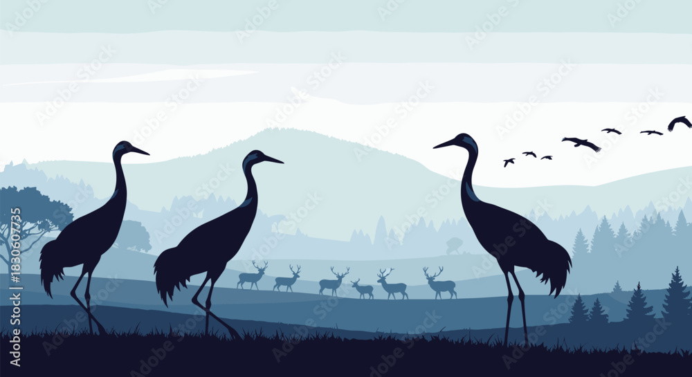 Obraz premium A panoramic wildlife silhouette scene with three large cranes a herd of deer and birds flying over a misty mountain forest.