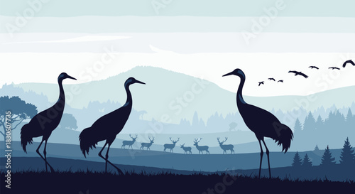 A panoramic wildlife silhouette scene with three large cranes a herd of deer and birds flying over a misty mountain forest.