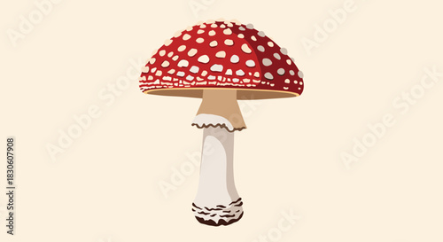 A detailed and realistic vector illustration of a red and white spotted fly agaric mushroom on a light beige background.