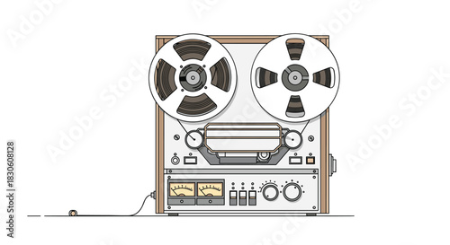 A detailed color illustration of a vintage reel-to-reel tape recorder machine from a front-facing perspective.