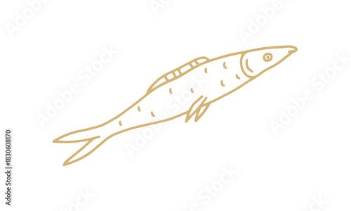 Minimalist icon of a small ocean fish, like an anchovy or sardine, in a simple golden outline style
